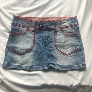 Y2K Denim Mini Skirt with Red Trim